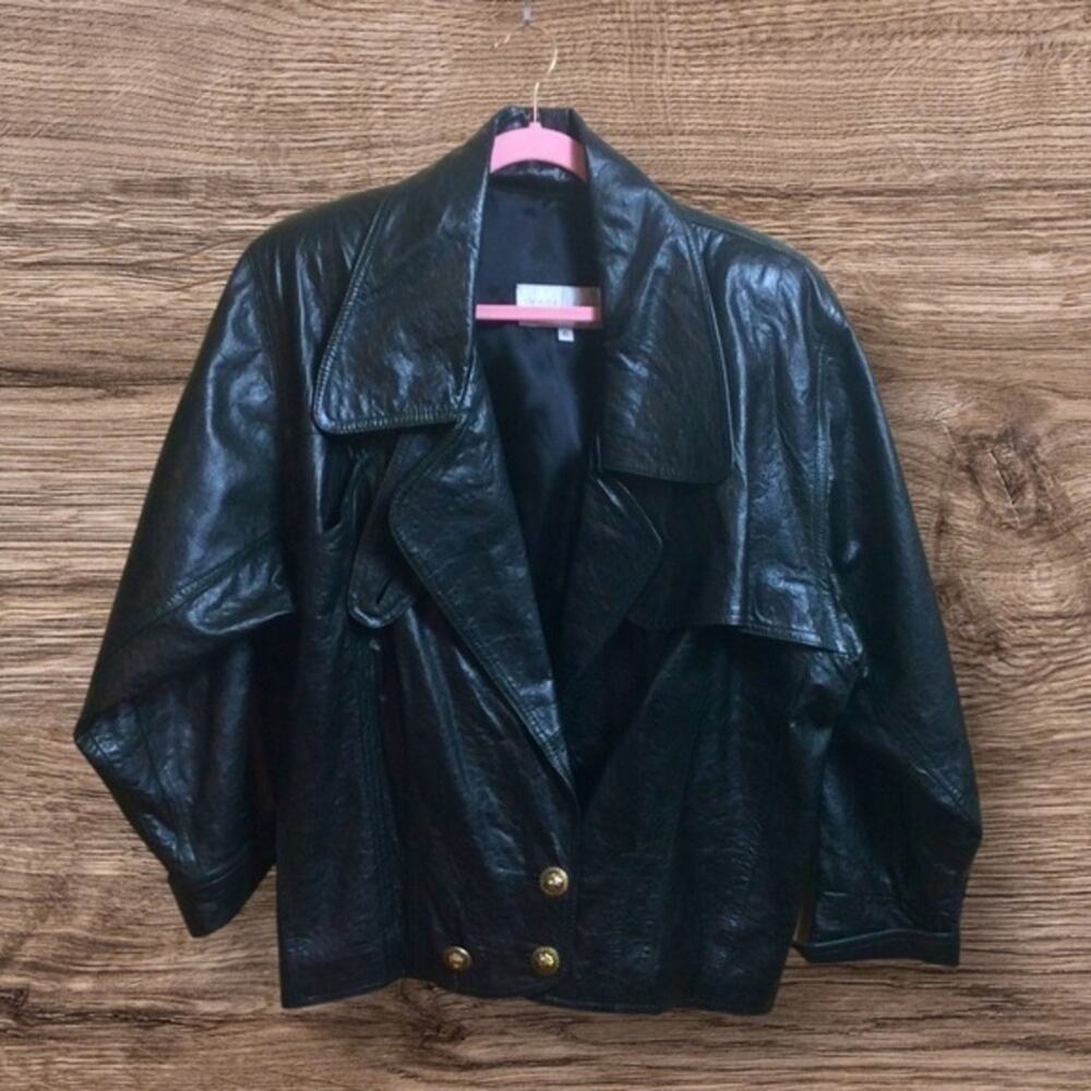 Vintage 80s Image Leather oversized black/green leather jacket. Size 6